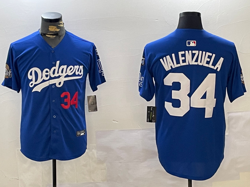 Men Los Angeles Dodgers #34 Valenzuela 2024 World series patch blue jersey 20241120125